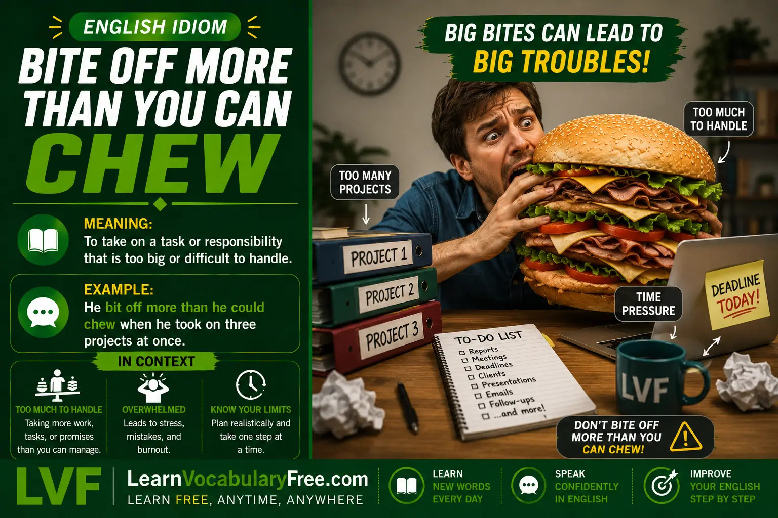Bite Off More Than You Can Chew idiom meaning visual - taking on more responsibility than you can handle