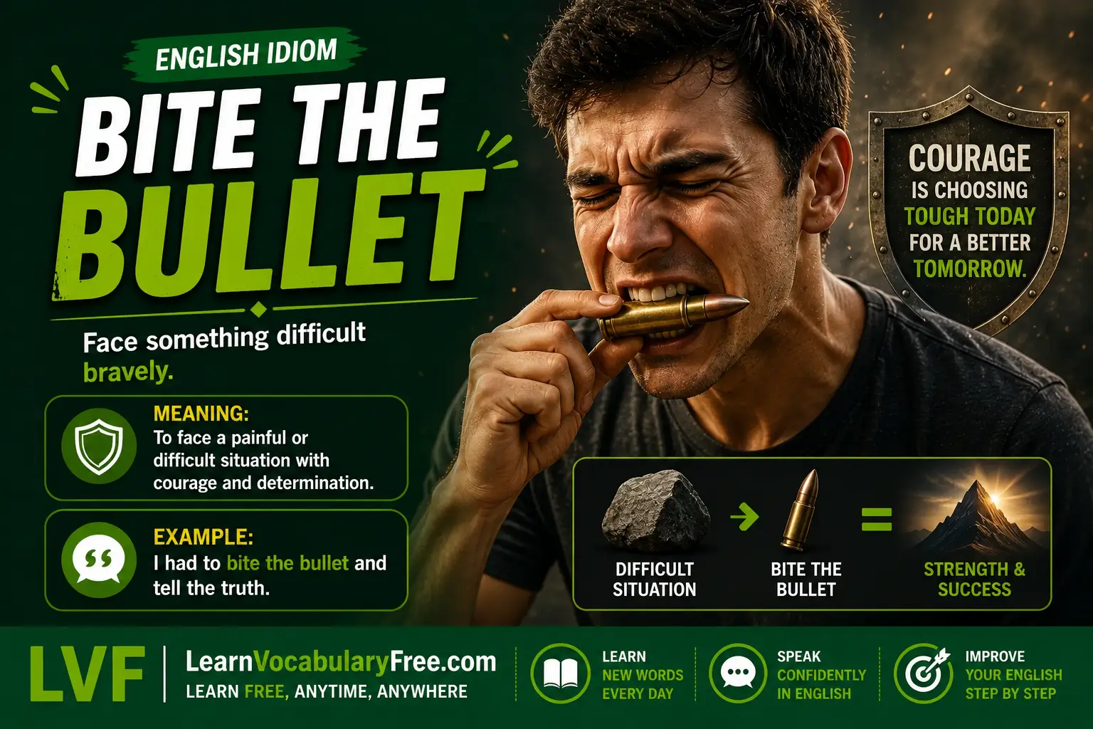 Bite the Bullet idiom meaning visual - face something difficult bravely