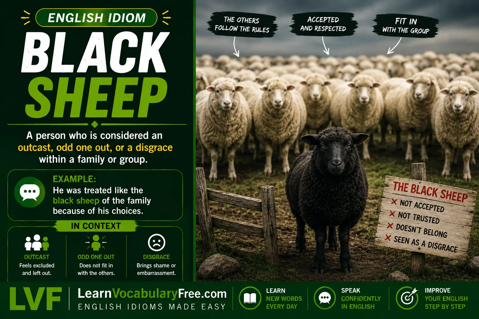 Black Sheep idiom meaning visual - a person who is different from or disapproved of by their family or group