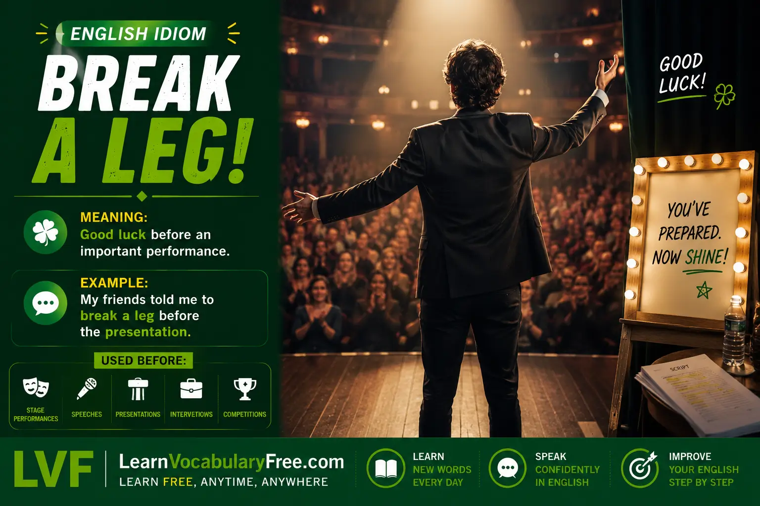 Break a Leg idiom meaning visual - wish someone good luck before a performance or speech