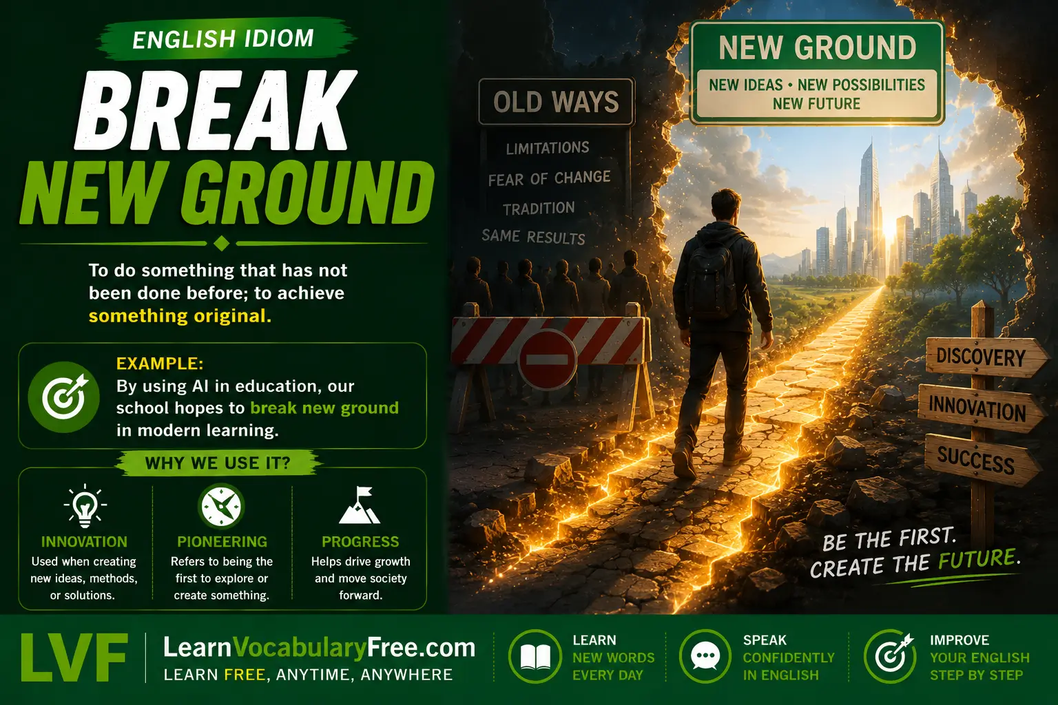 Break New Ground idiom meaning visual - doing something innovative or creative for the first time