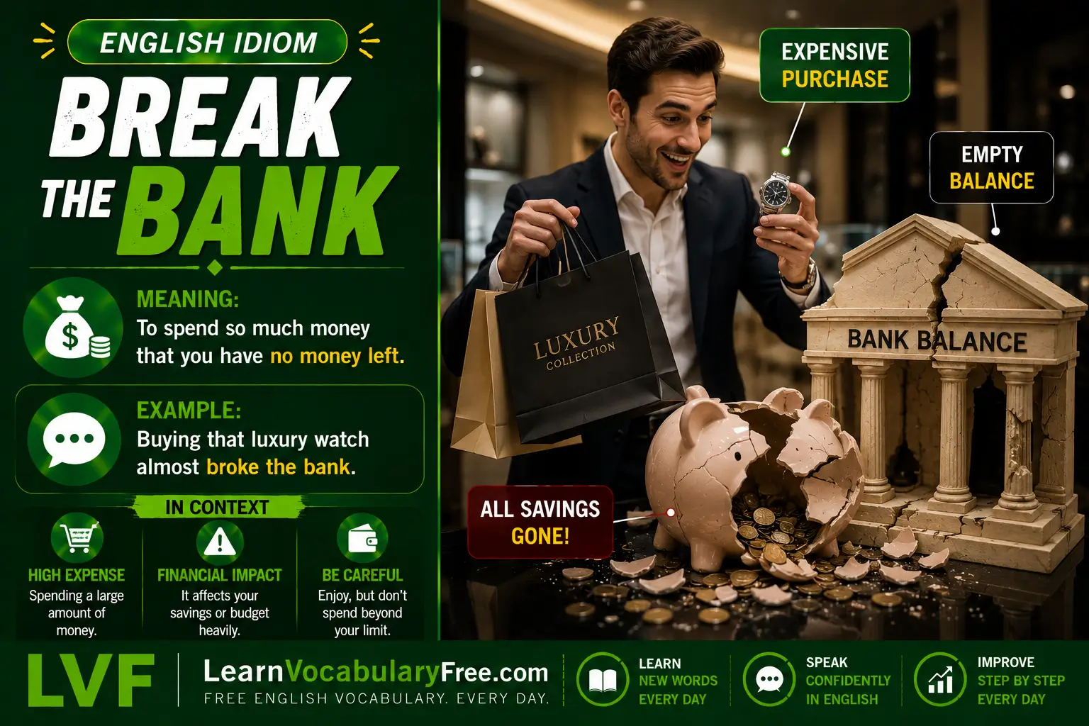 Break the Bank idiom meaning visual - spend too much money or cost too much