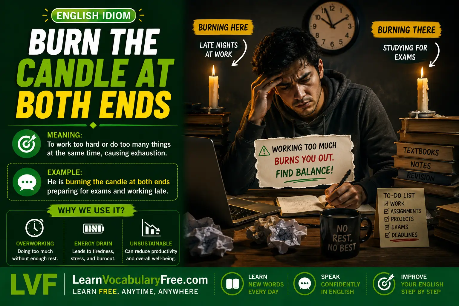 Burn the Candle at Both Ends idiom meaning visual - work too hard without enough rest