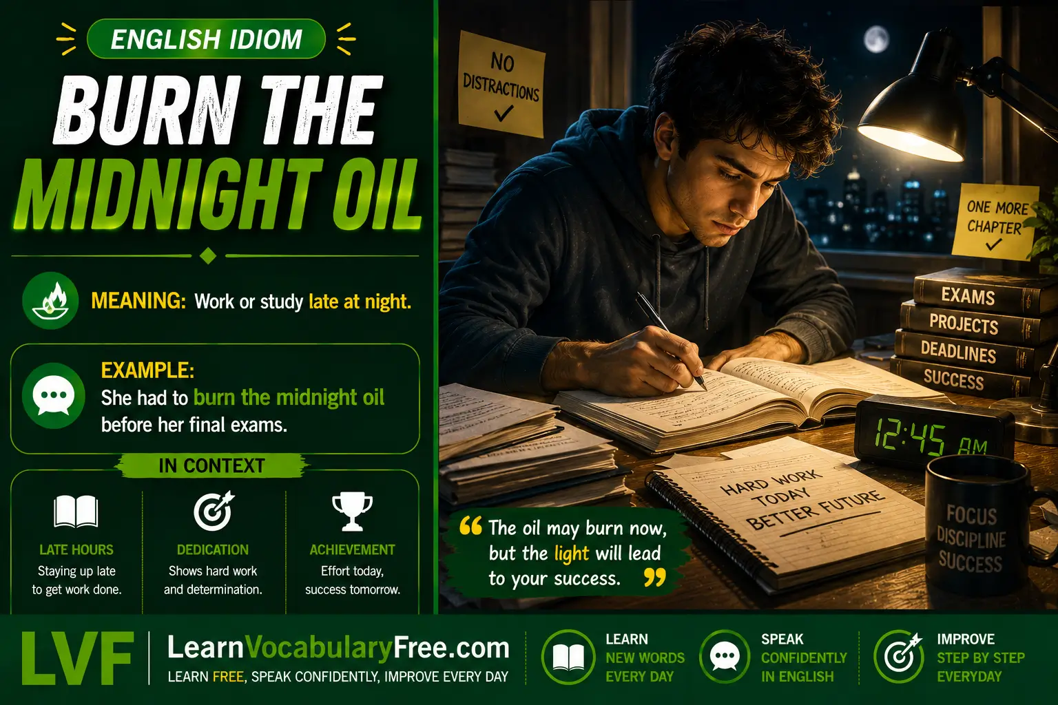 Burn the Midnight Oil idiom meaning visual - working or studying late at night