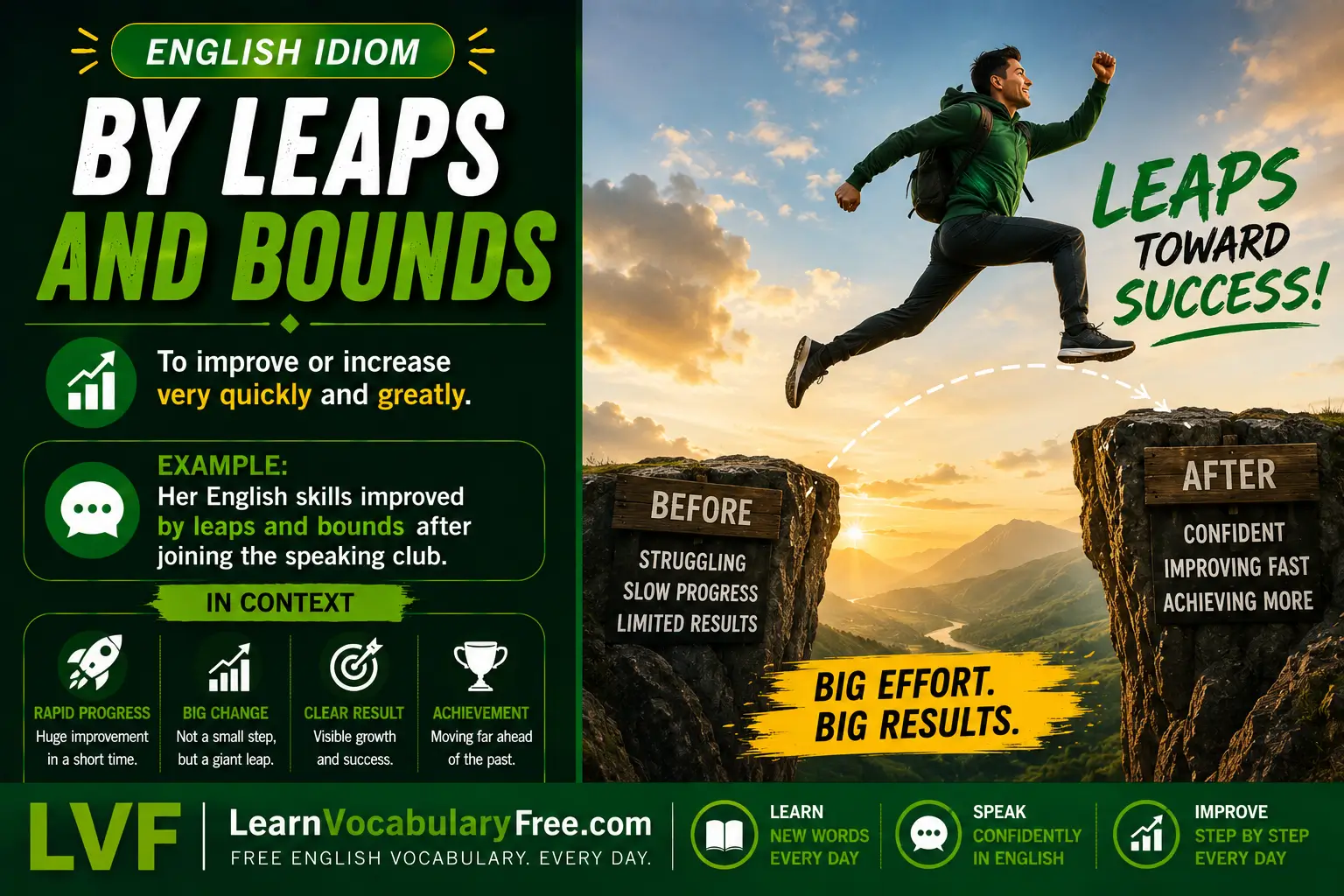 By Leaps and Bounds idiom meaning visual - rapid improvement or fast growth