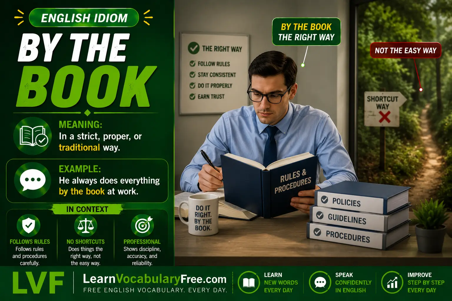 By the Book idiom meaning visual - follow rules exactly in work or professional situations