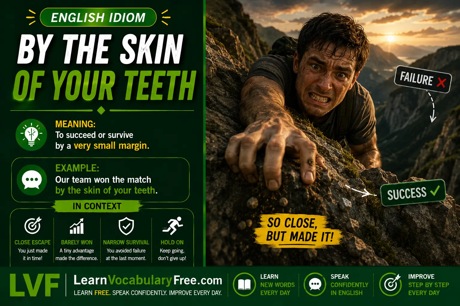 By the Skin of Your Teeth idiom meaning visual - barely succeeding or narrowly escaping by a small margin