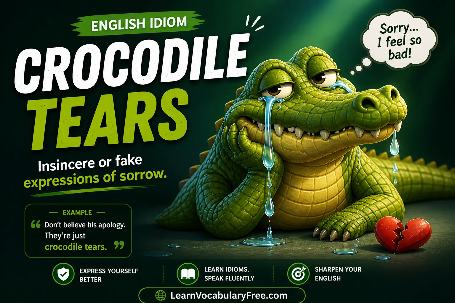 Crocodile Tears idiom meaning visual - fake sadness or false sympathy