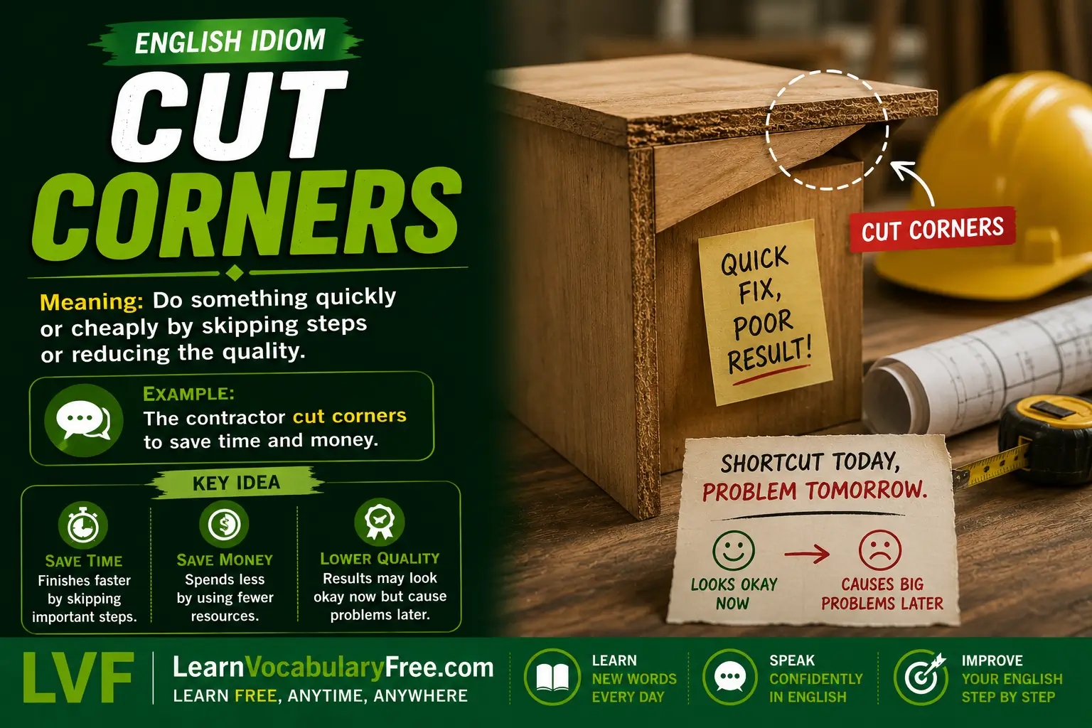 Cut Corners idiom meaning visual - doing something poorly to save time or money