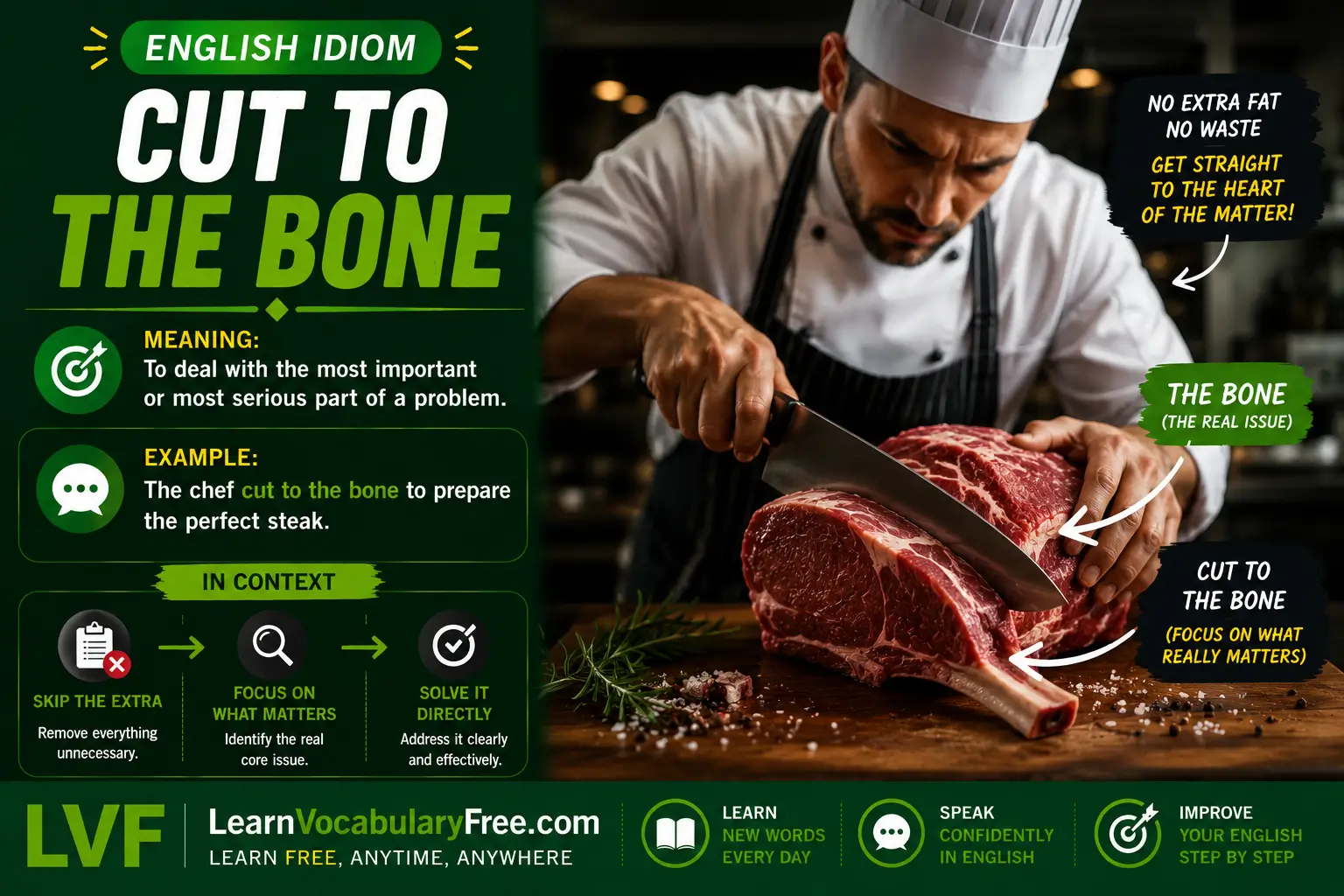 Cut to the Bone idiom meaning visual - reduce something drastically to the minimum