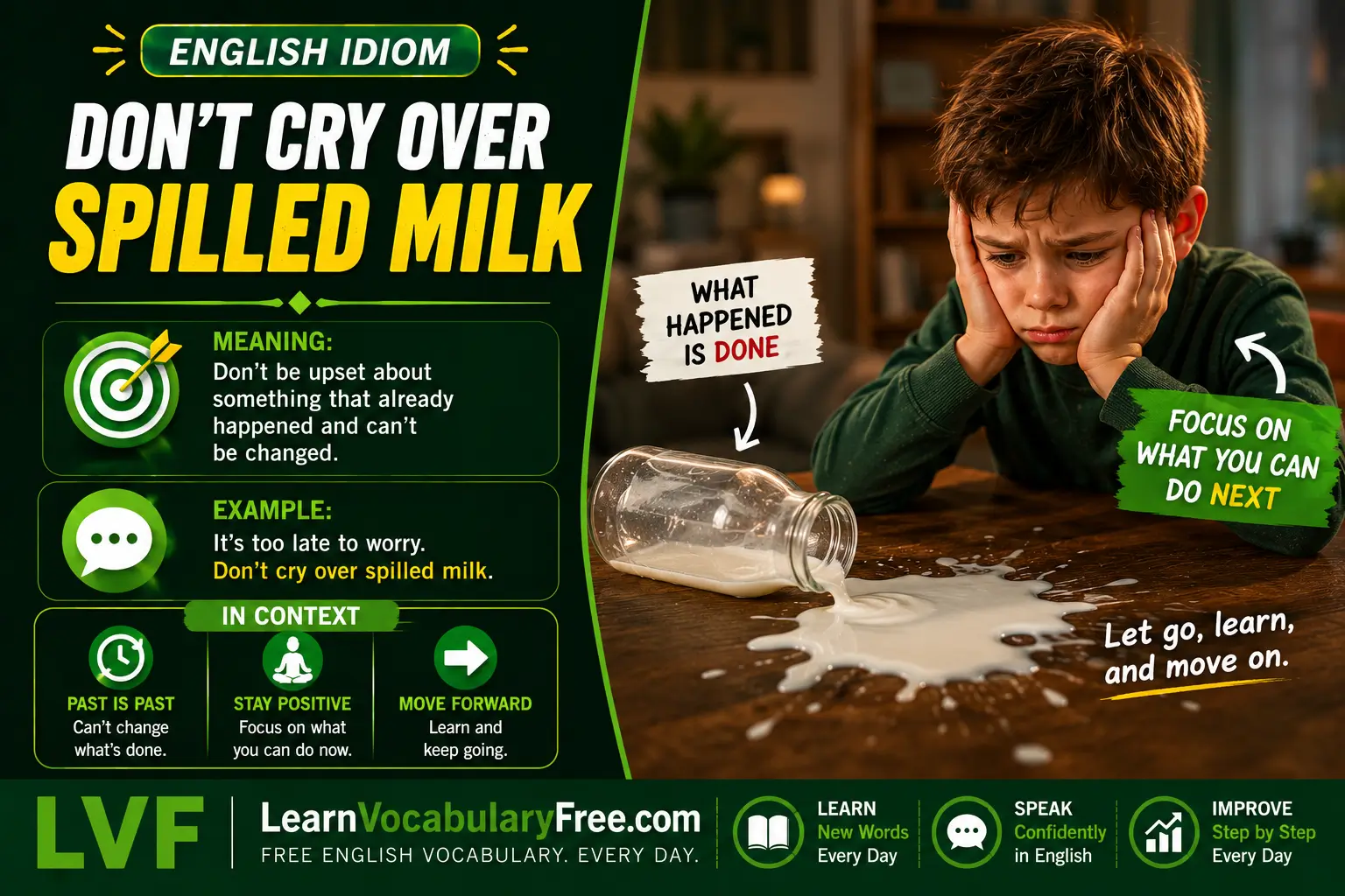 Don’t Cry Over Spilled Milk idiom meaning visual - do not regret something that cannot be changed