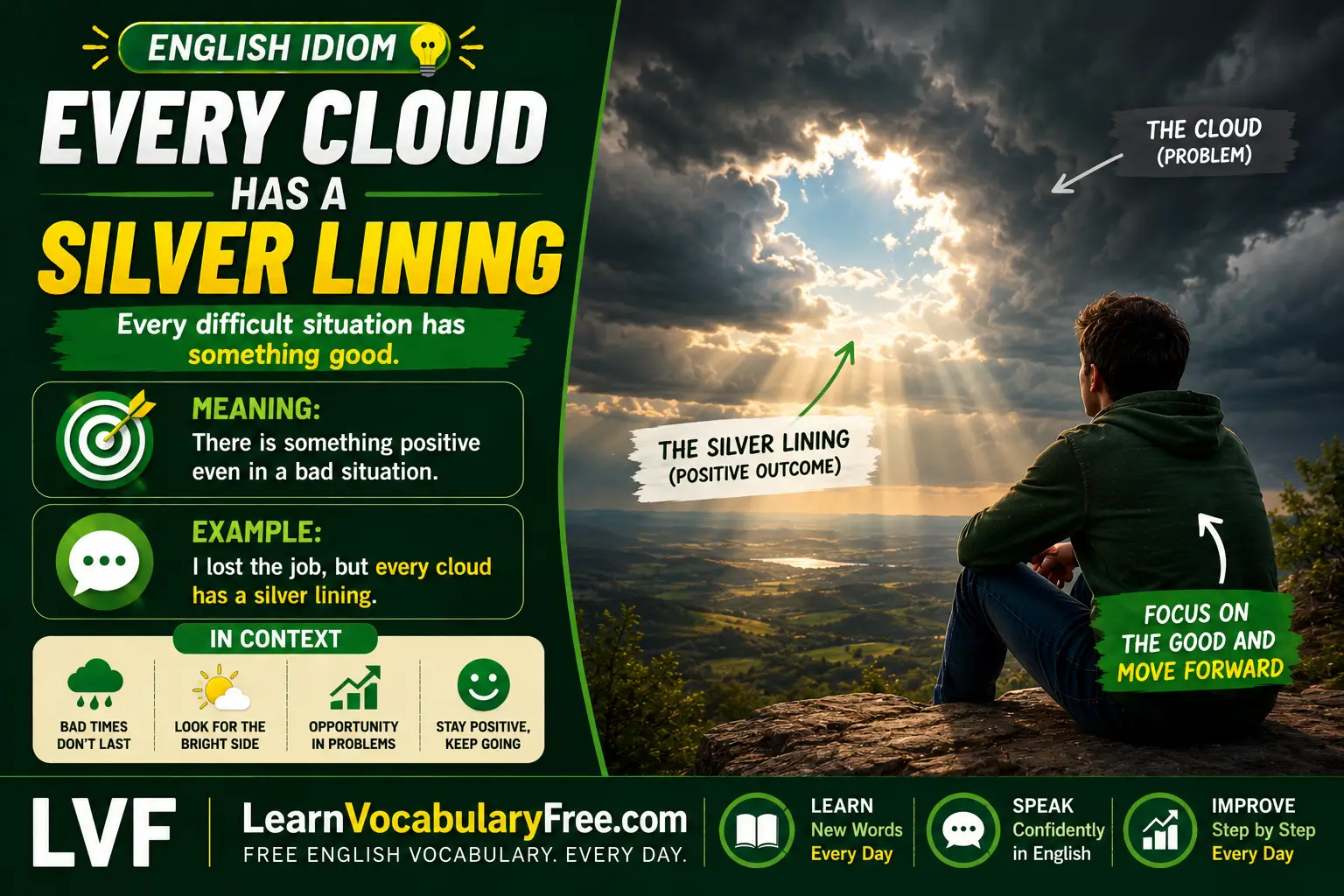 Every Cloud Has a Silver Lining idiom meaning visual - every difficult situation has something positive in it