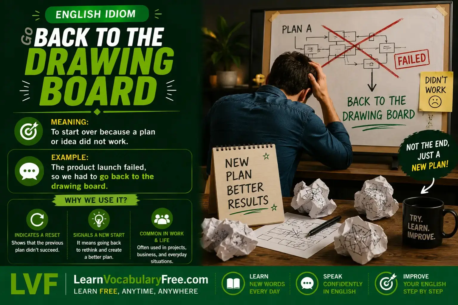 Go Back to the Drawing Board idiom meaning visual - start planning again after a failure