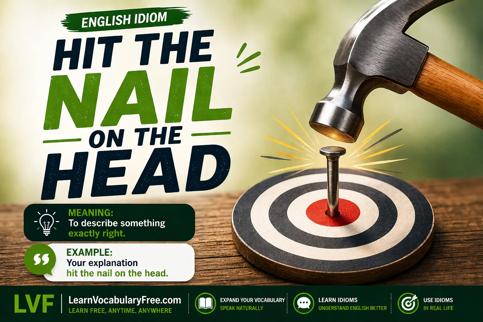 Hit the Nail on the Head idiom meaning visual - exactly right or accurate