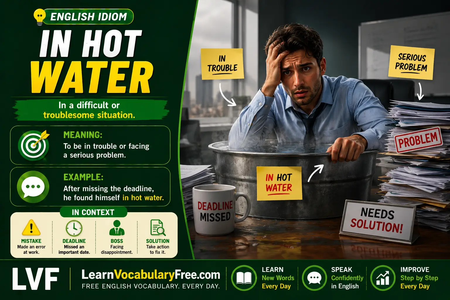 In Hot Water idiom meaning visual - in trouble or difficulty