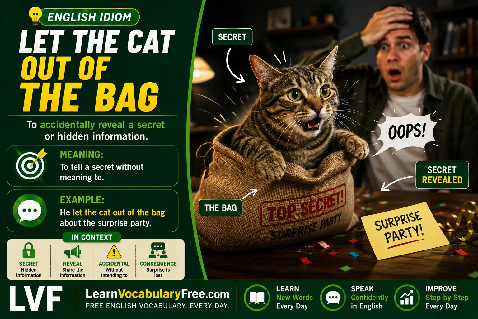 Let the Cat Out of the Bag idiom meaning visual - accidentally reveal a secret