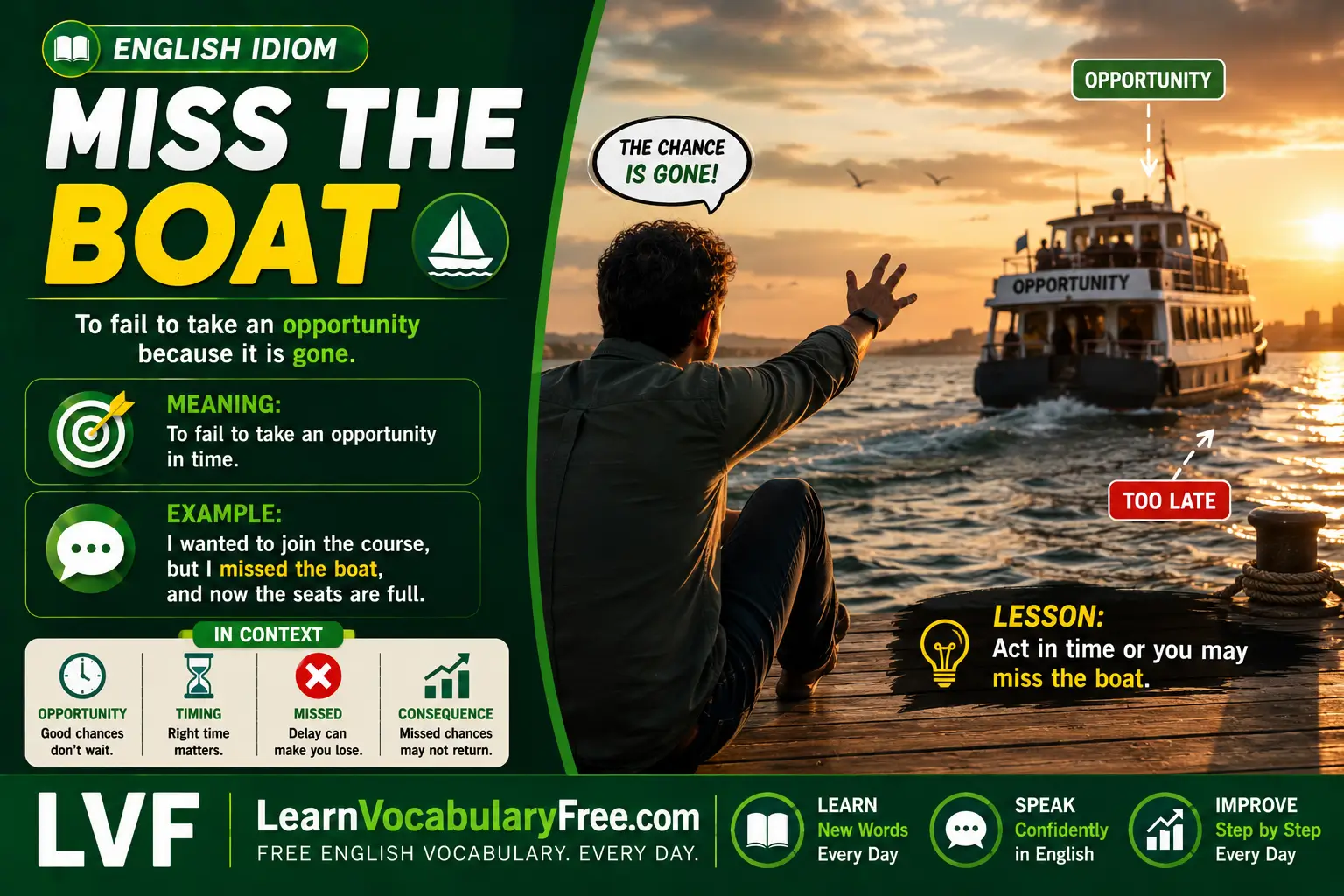 Miss the Boat idiom meaning visual - miss an opportunity because of poor timing