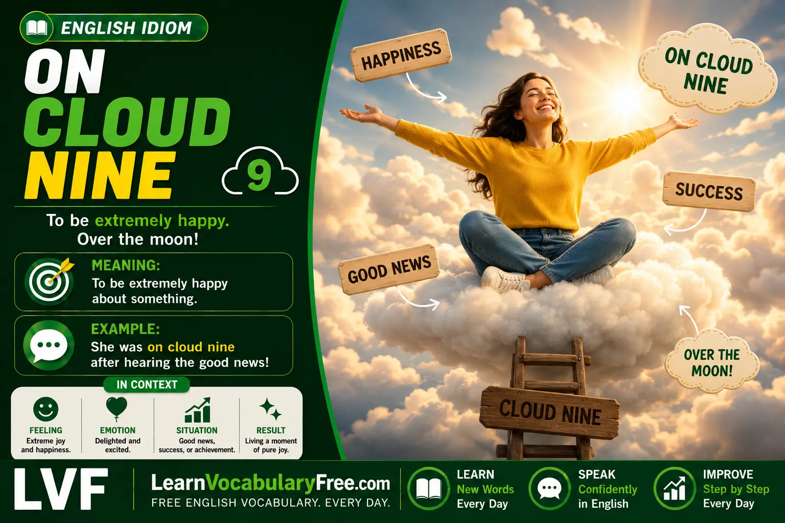 On Cloud Nine idiom meaning visual - extremely happy or joyful