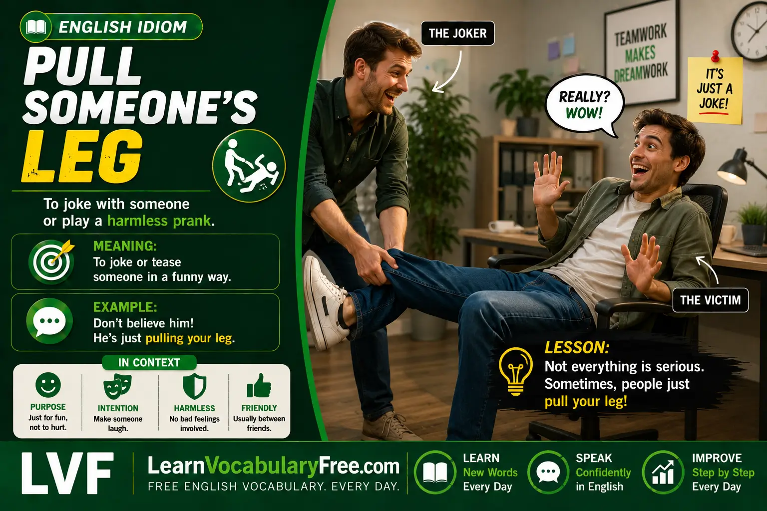 Pull Someone’s Leg idiom meaning visual - joke with someone or tease them playfully