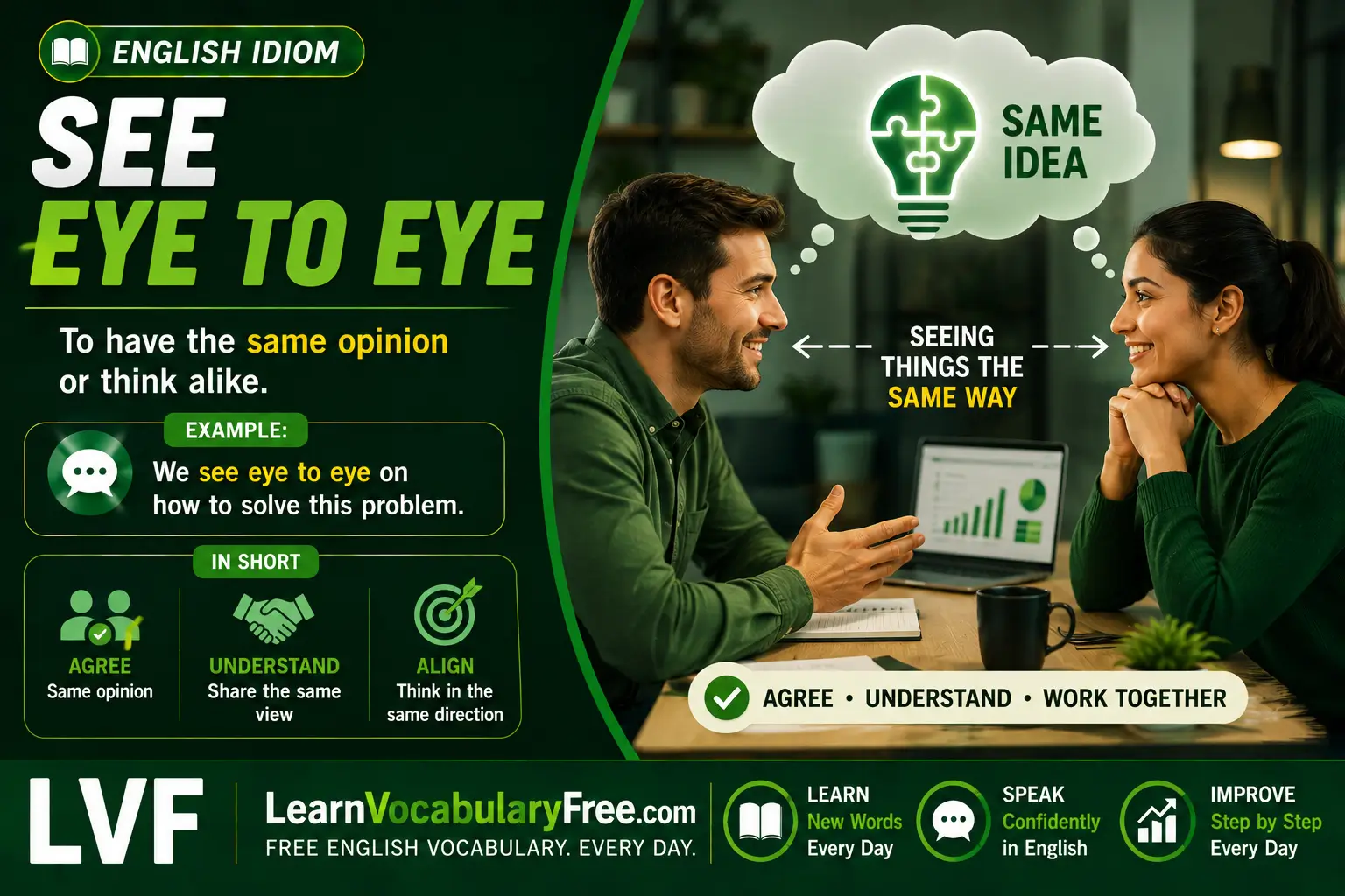 See Eye to Eye idiom meaning visual - agree with someone