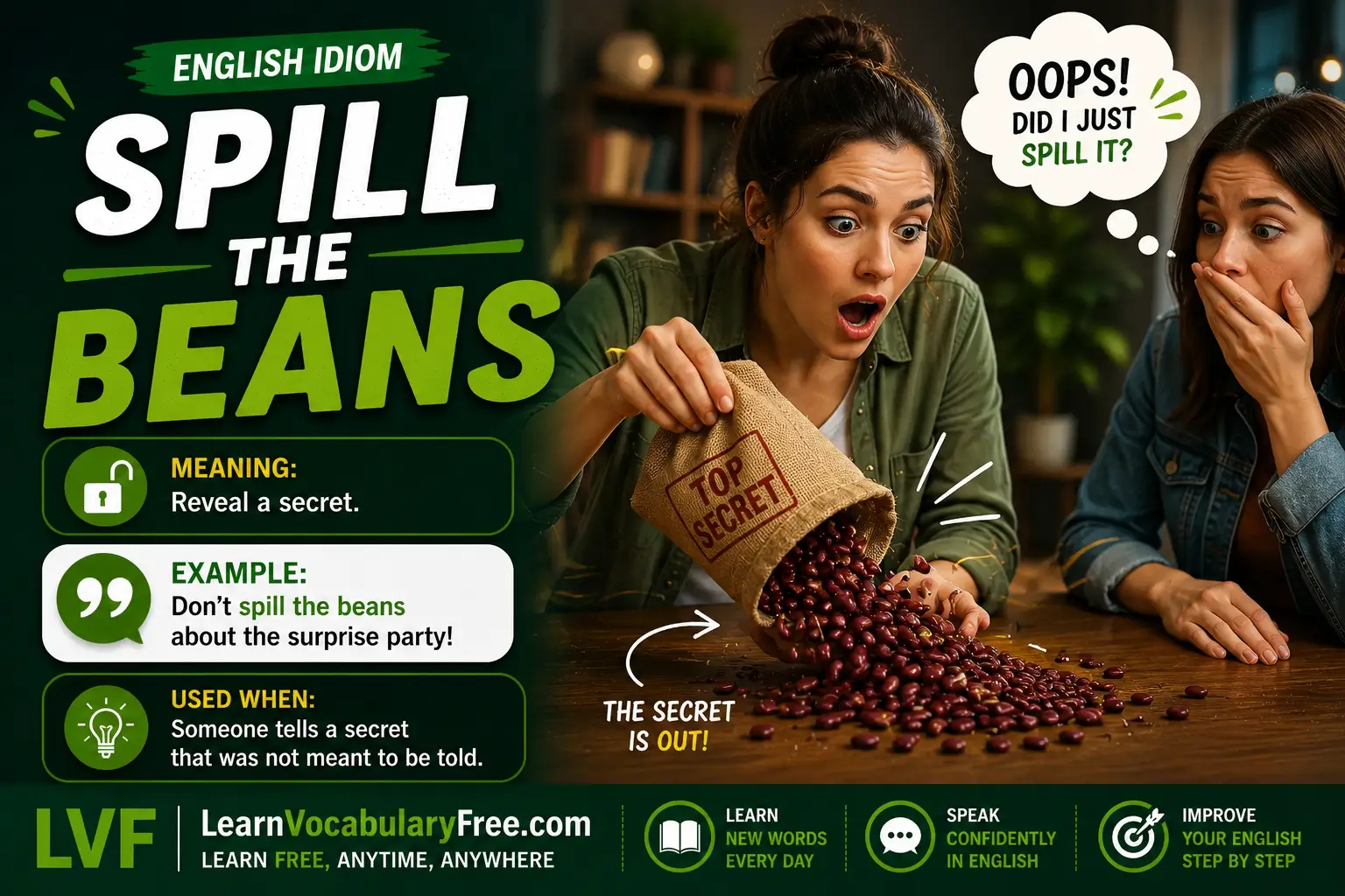Spill the Beans idiom meaning visual - reveal a secret or hidden information