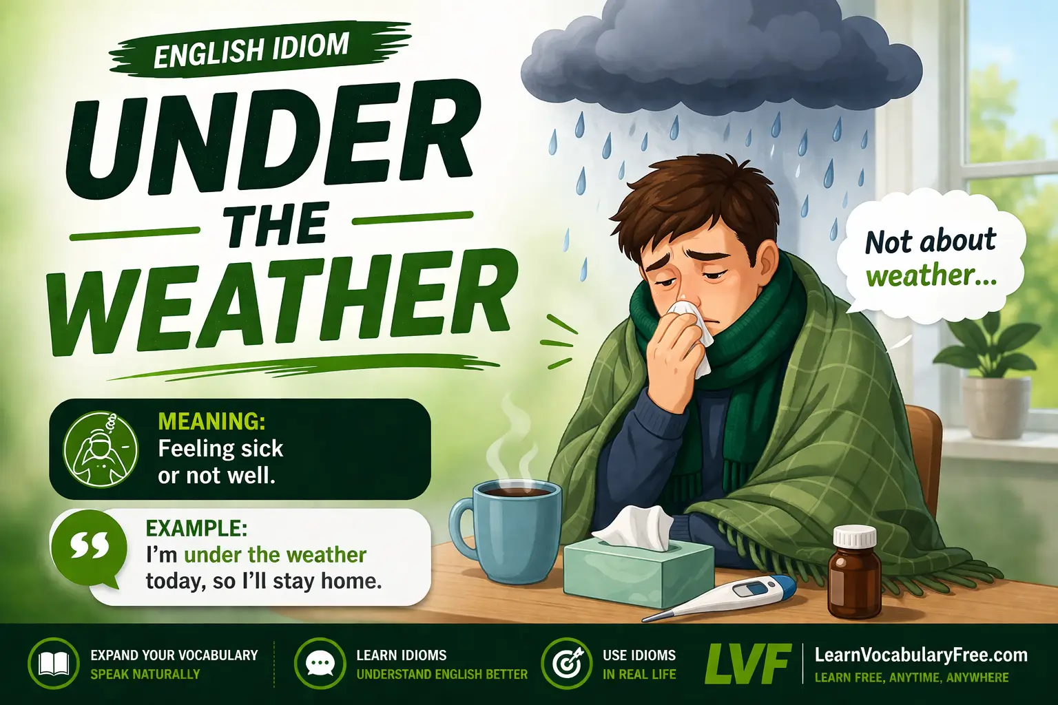 Under the Weather idiom meaning visual - feeling sick or unwell
