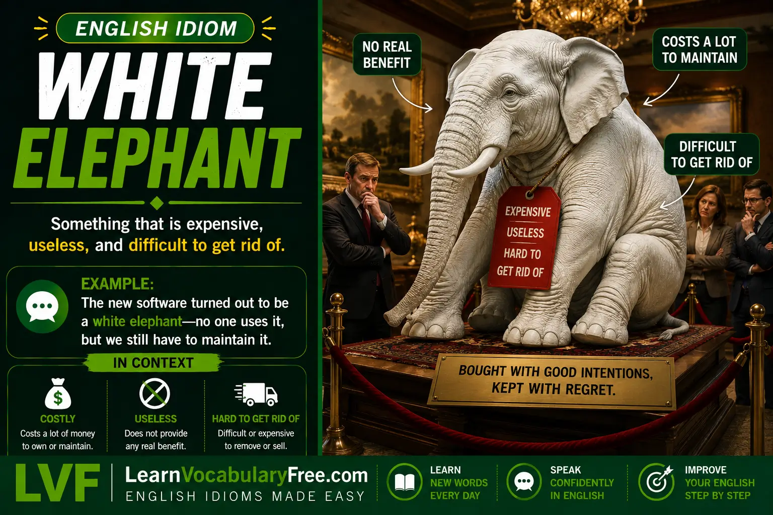 White Elephant idiom meaning visual - costly useless possession that is difficult to maintain