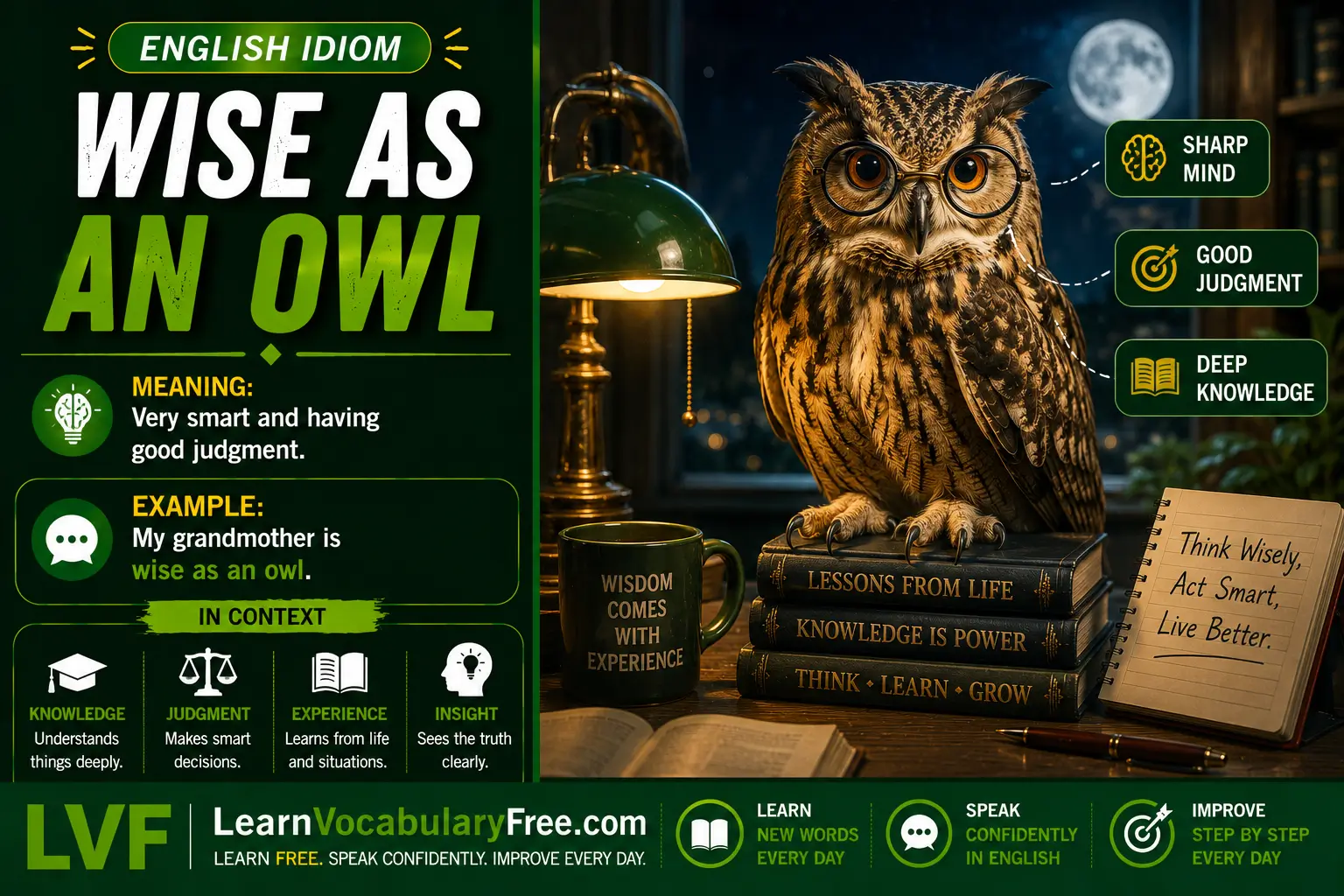 Wise as an Owl idiom meaning visual - very wise and knowledgeable person
