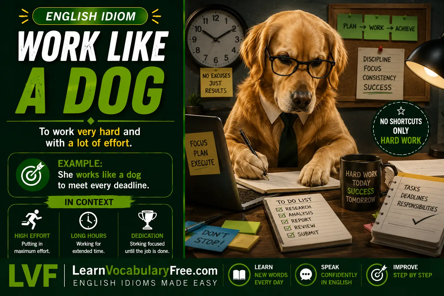 Work Like a Dog idiom meaning visual - working extremely hard to finish a project