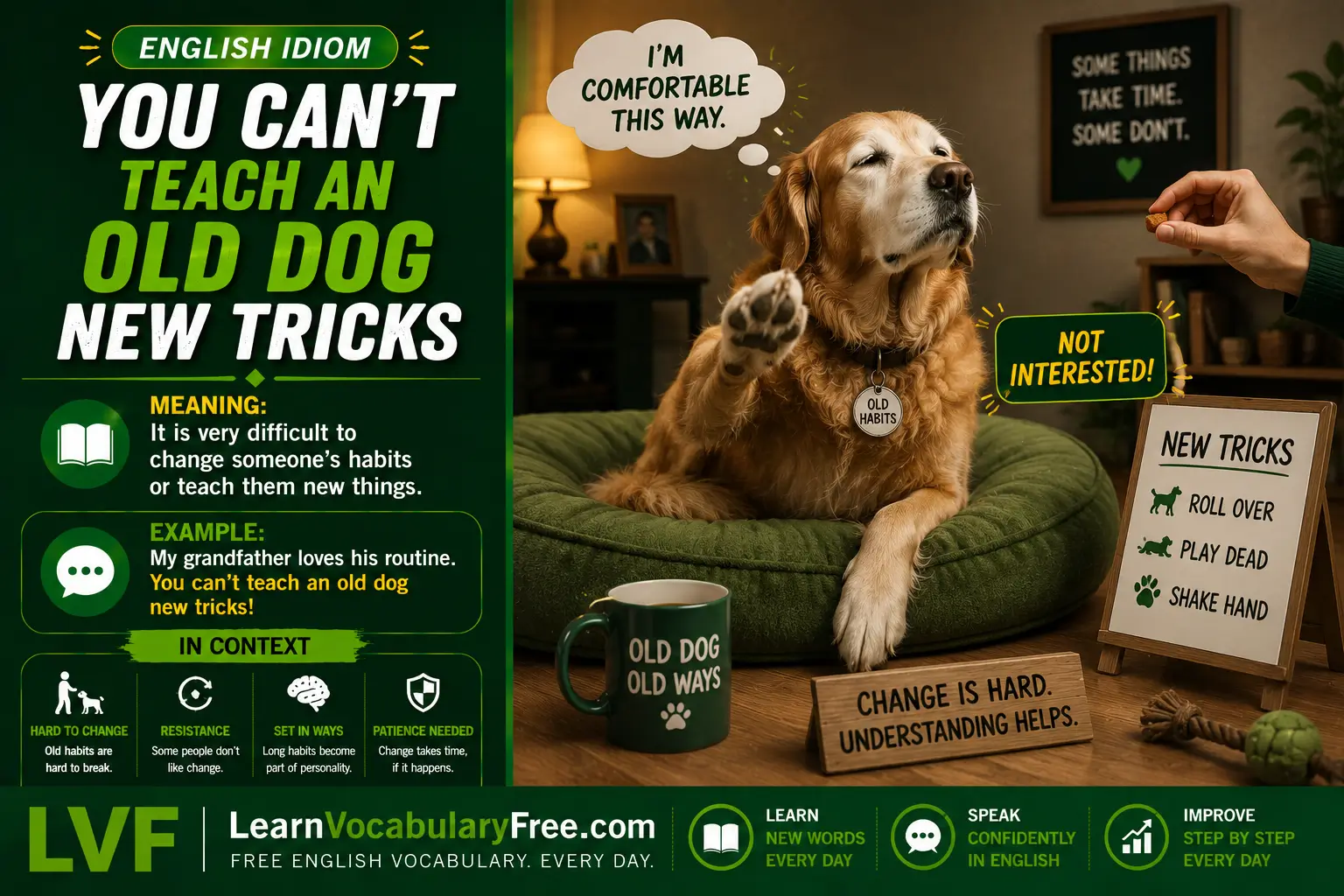 You Can’t Teach an Old Dog New Tricks idiom meaning visual - difficult to change old habits or learn new things later in life