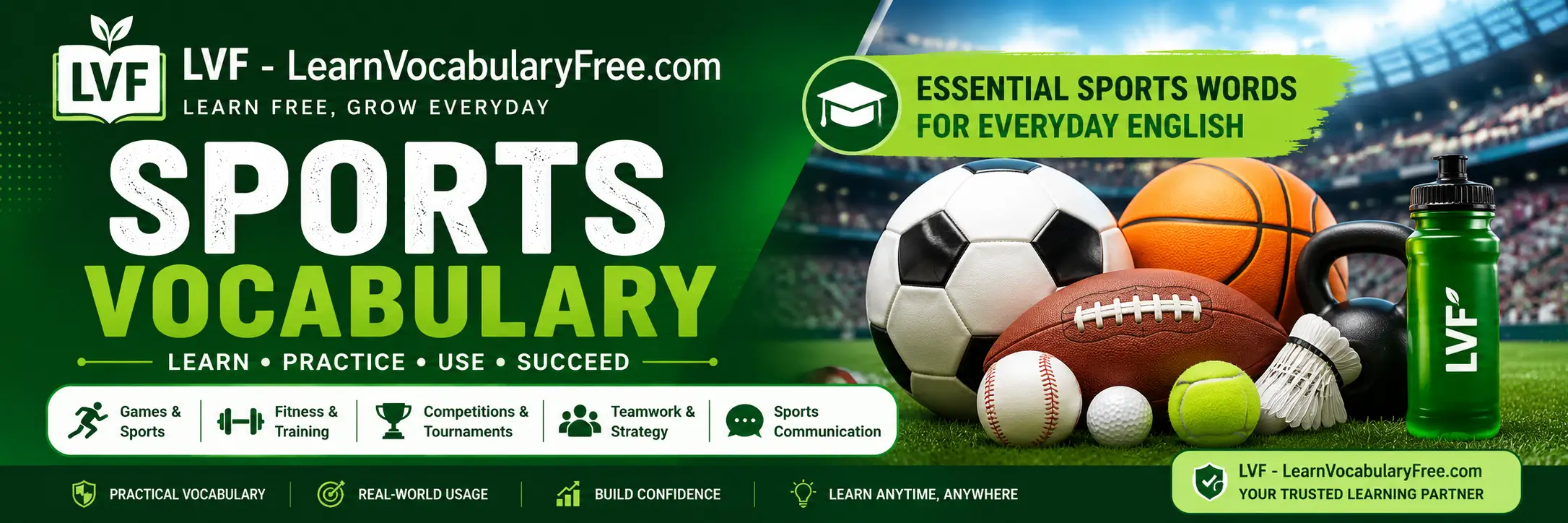 Hero banner showing Sports Vocabulary Hub for global English learning with football cricket basketball fitness and athletics visuals