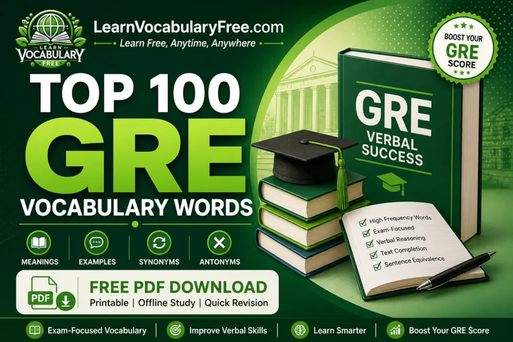 Top 100 GRE vocabulary words with meanings examples synonyms antonyms and free PDF for GRE verbal preparation