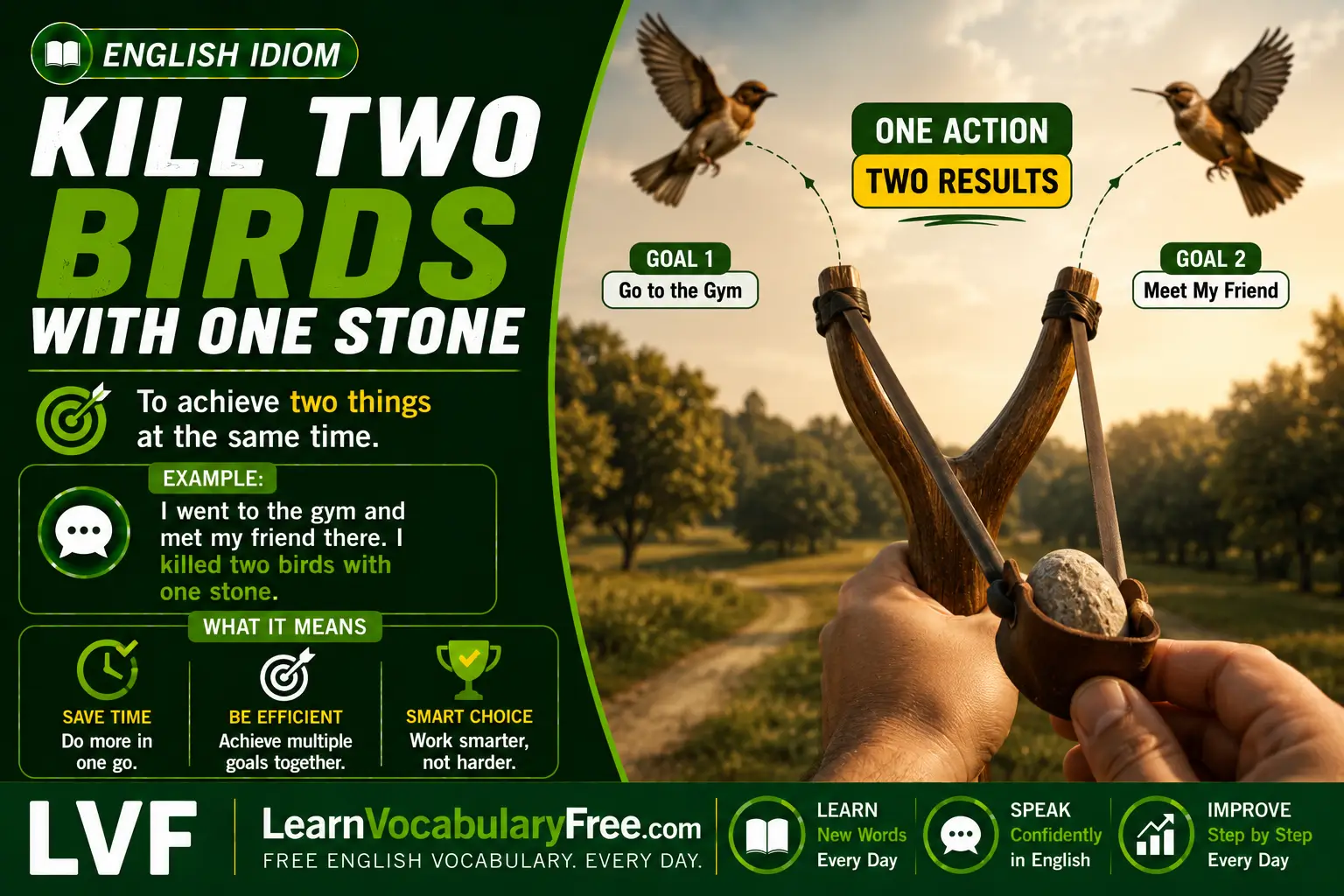 Kill Two Birds with One Stone idiom meaning visual - achieve two things with one action