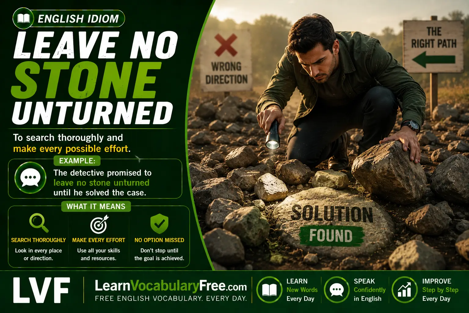 Leave No Stone Unturned idiom meaning visual - try every possible way to achieve something