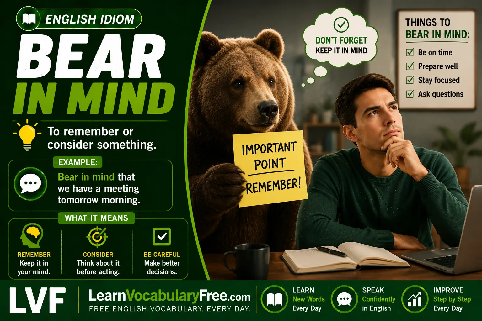 Bear in Mind idiom meaning visual - remember or consider something