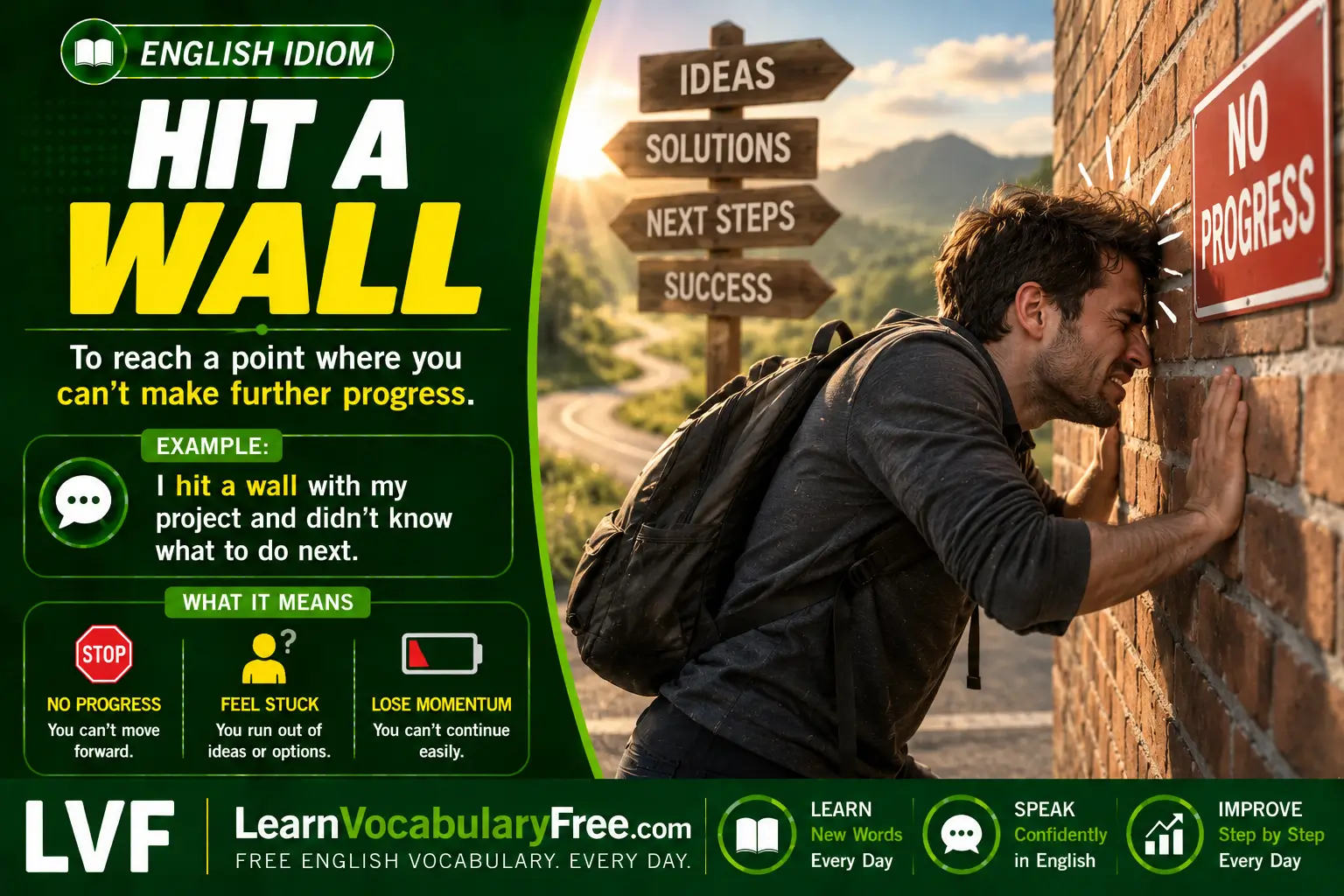 Hit a Wall idiom meaning visual - reaching an obstacle that stops progress