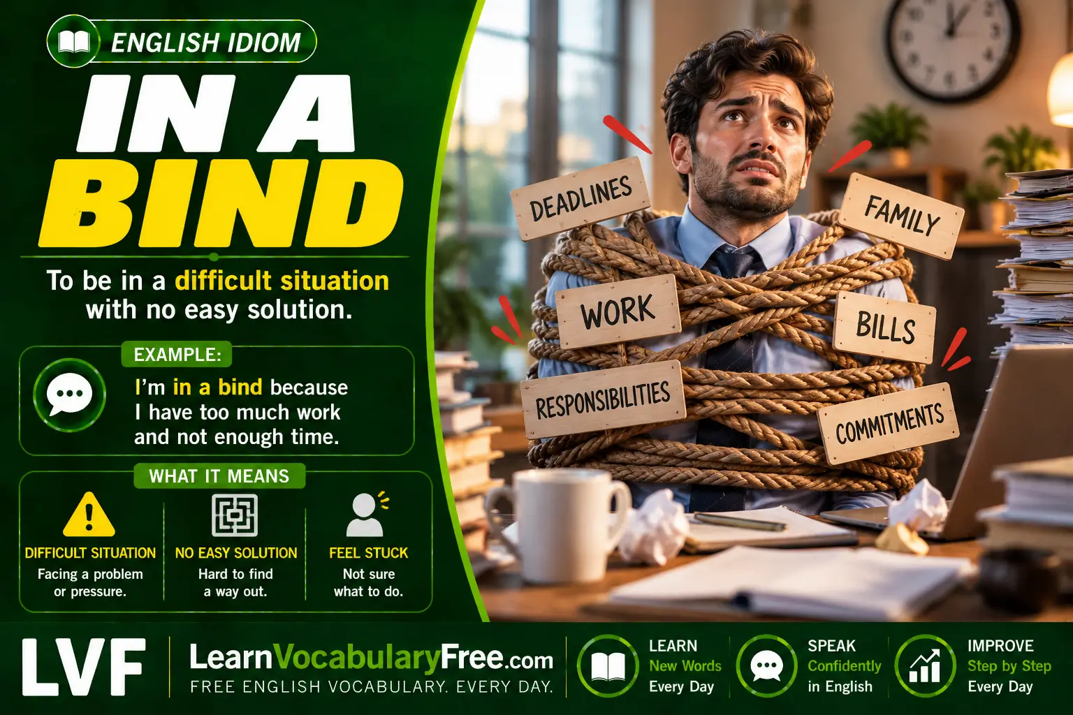 In a Bind idiom meaning visual - being in a difficult situation with limited options