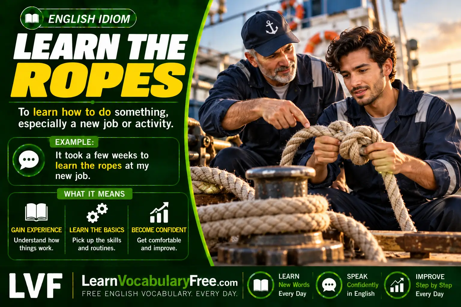 Learn the Ropes idiom meaning visual - a beginner learning essential tasks and procedures in a new workplace